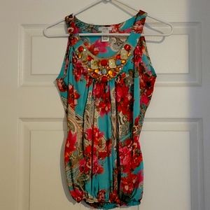 Floral Blouse with Beaded Neckline